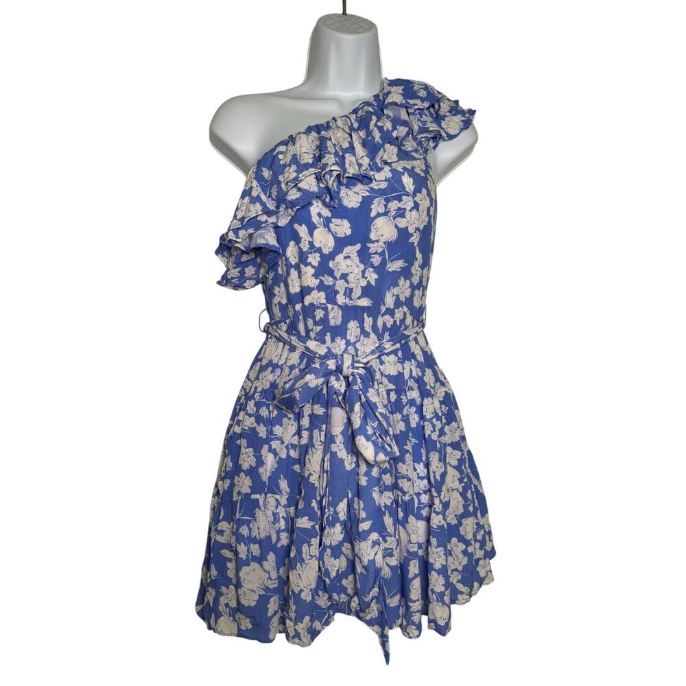 Yumi Kim Anthropologie Leah Dress Blue White Floral Size SMALL One Shoulder